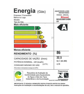 Aquecedor de Água Rinnai E33 Digital - Vazão 32,5 Litros - Branco - Gás Natural (gn)